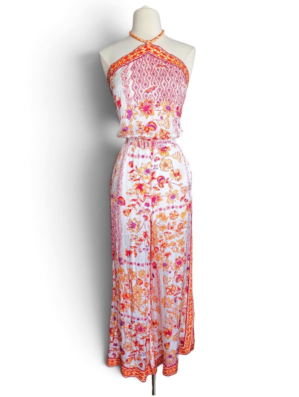 Poupette St Barth Isabelle Floral Halter Wide Leg Jumpsuit Orange Pink Medium M